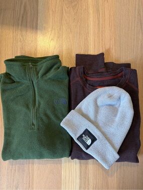 3pcs The North Face Men's Green Fleece Pullover Red Long sleeve Gray Hat Casual